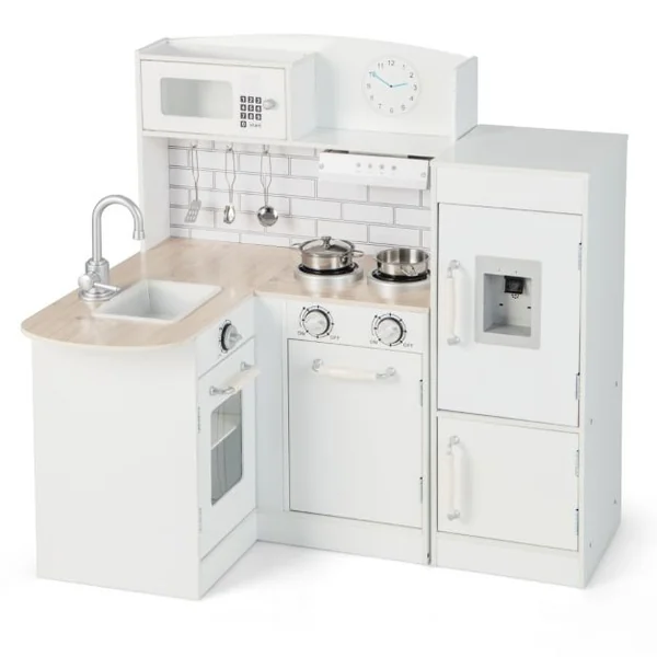 Cuisine pour Enfants d' Angle Réfrigérateur Cuisinière de Jeu en Bois avec Distributeur d'eau Evier Hotte Ustensiles