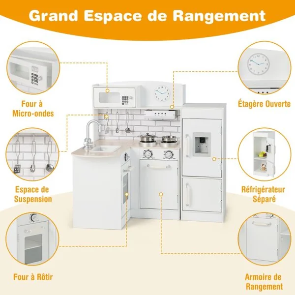Cuisine pour Enfants d' Angle Réfrigérateur Cuisinière de Jeu en Bois avec Distributeur d'eau Evier Hotte Ustensiles