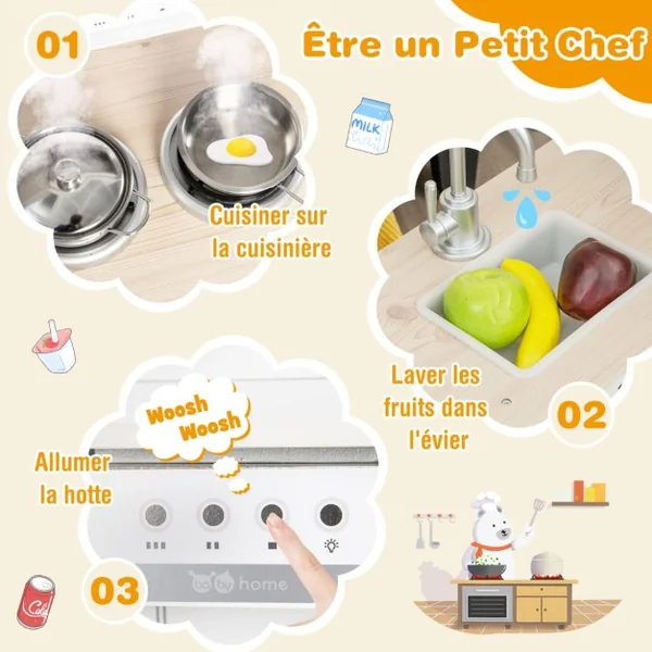 Cuisine pour Enfants d' Angle Réfrigérateur Cuisinière de Jeu en Bois avec Distributeur d'eau Evier Hotte Ustensiles