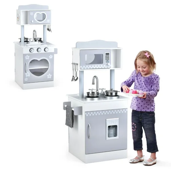 Cuisine pour Enfants en Bois 2 Face avec Four Evier Distributeur de Glace Horloge Mignonne Porte-serviettes 3 Ans+