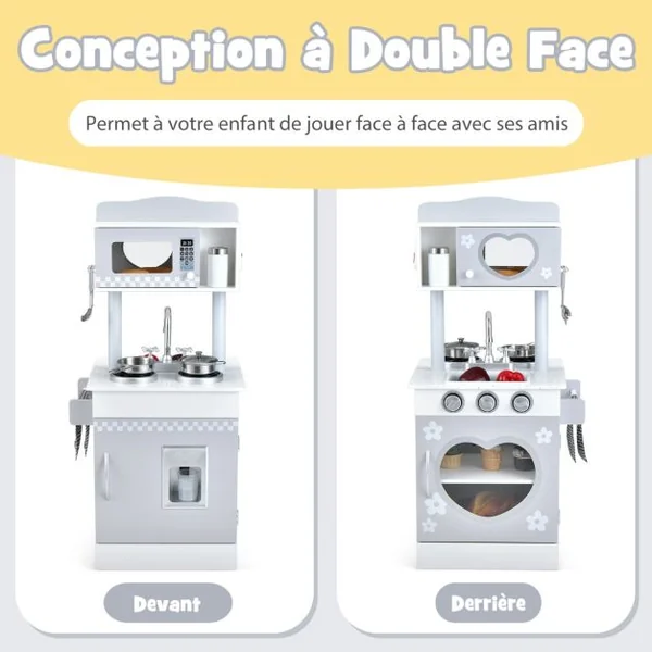 Cuisine pour Enfants en Bois 2 Face avec Four Evier Distributeur de Glace Horloge Mignonne Porte-serviettes 3 Ans+