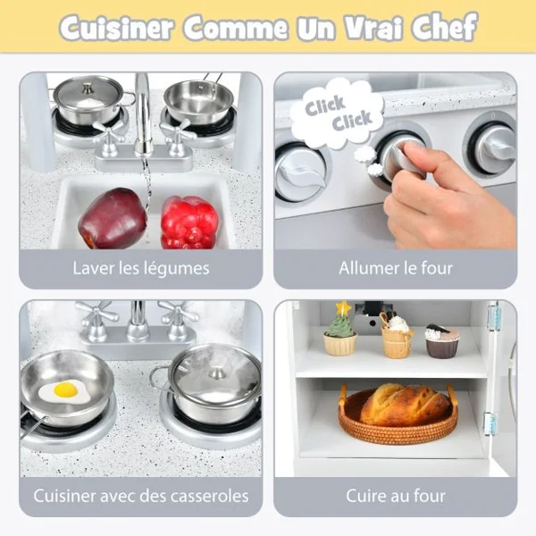 Cuisine pour Enfants en Bois 2 Face avec Four Evier Distributeur de Glace Horloge Mignonne Porte-serviettes 3 Ans+