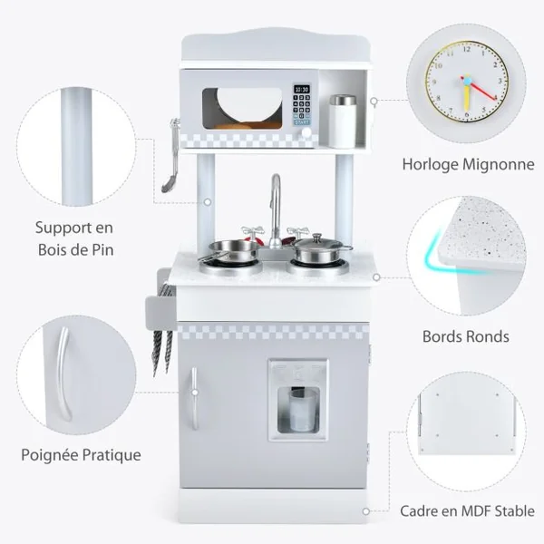 Cuisine pour Enfants en Bois 2 Face avec Four Evier Distributeur de Glace Horloge Mignonne Porte-serviettes 3 Ans+