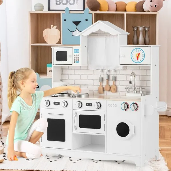 Cuisine pour Enfants en Bois 3 Ans+ Cuisiniere Enfants avec Lumière & Effet Sonore Machine à Laver Micro-Ondes