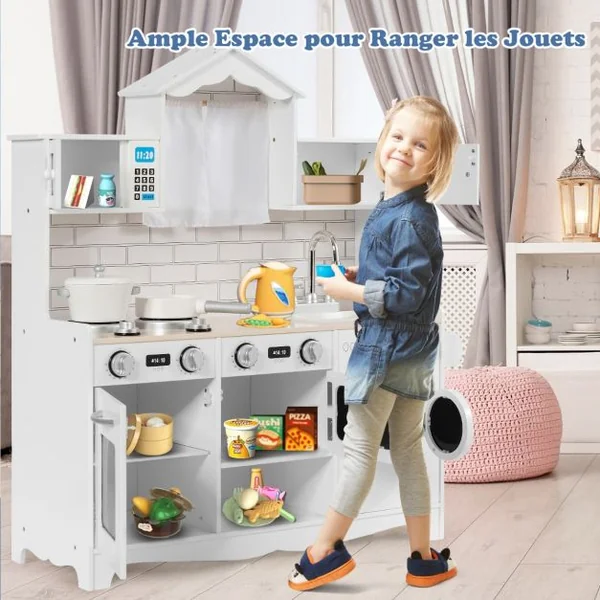 Cuisine pour Enfants en Bois 3 Ans+ Cuisiniere Enfants avec Lumière & Effet Sonore Machine à Laver Micro-Ondes