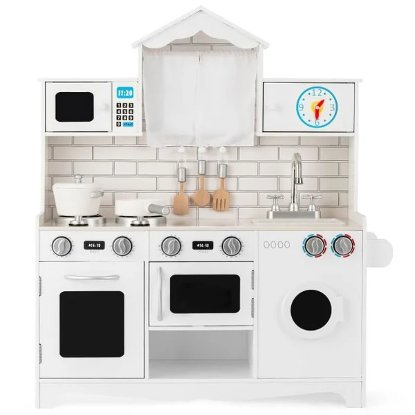 Cuisine pour Enfants en Bois 3 Ans+ Cuisiniere Enfants avec Lumière & Effet Sonore Machine à Laver Micro-Ondes