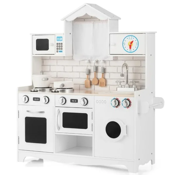 Cuisine pour Enfants en Bois 3 Ans+ Cuisiniere Enfants avec Lumière & Effet Sonore Machine à Laver Micro-Ondes