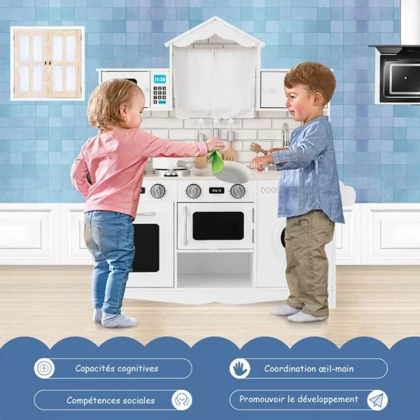 Cuisine pour Enfants en Bois 3 Ans+ Cuisiniere Enfants avec Lumière & Effet Sonore Machine à Laver Micro-Ondes