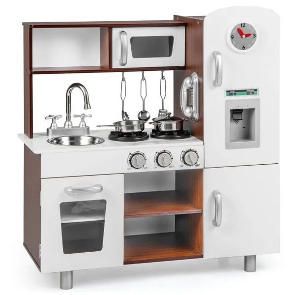 Cuisine pour Enfants Sons et Lumières Réalistes en Bois Cuisinière Micro-ondes Four Machine à Glaçons Téléphone Horloge Évier Ustensiles Café