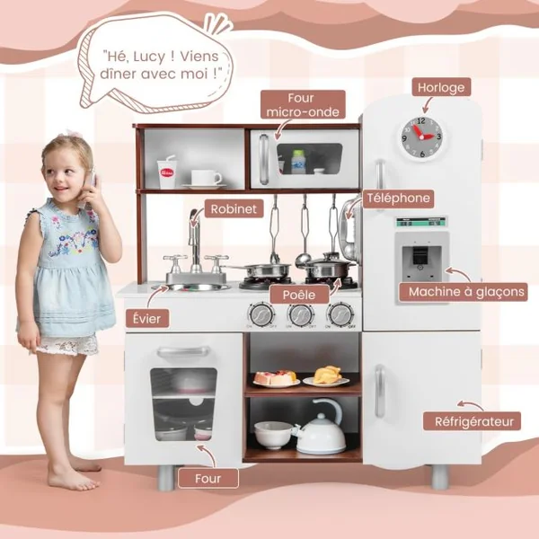 Cuisine pour Enfants Sons et Lumières Réalistes en Bois Cuisinière Micro-ondes Four Machine à Glaçons Téléphone Horloge Évier Ustensiles Café