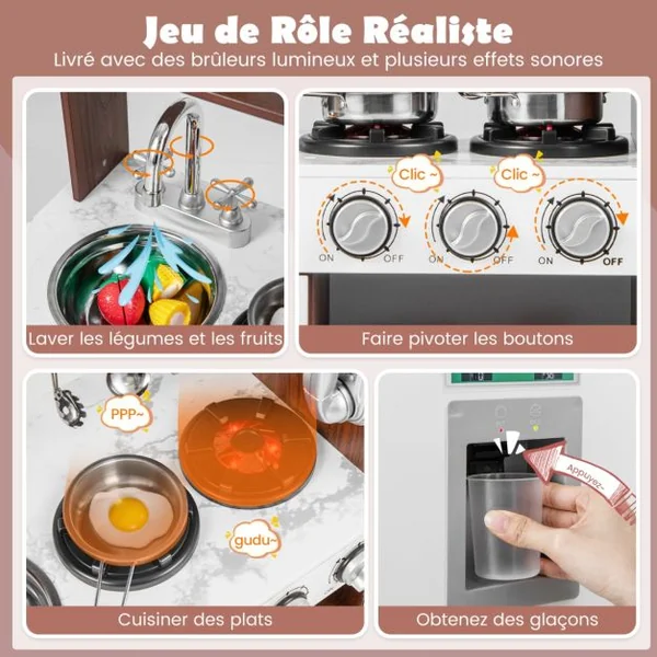 Cuisine pour Enfants Sons et Lumières Réalistes en Bois Cuisinière Micro-ondes Four Machine à Glaçons Téléphone Horloge Évier Ustensiles Café