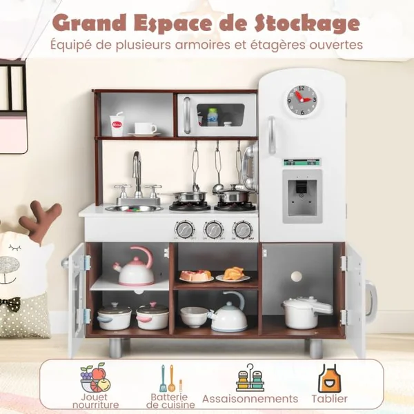 Cuisine pour Enfants Sons et Lumières Réalistes en Bois Cuisinière Micro-ondes Four Machine à Glaçons Téléphone Horloge Évier Ustensiles Café