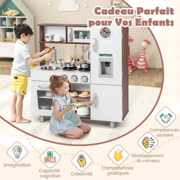Cuisine pour Enfants Sons et Lumières Réalistes en Bois Cuisinière Micro-ondes Four Machine à Glaçons Téléphone Horloge Évier Ustensiles Café