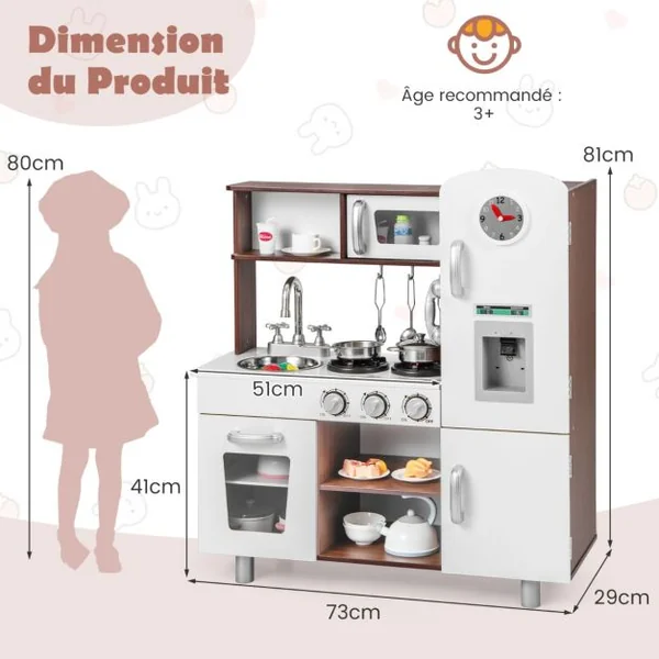 Cuisine pour Enfants Sons et Lumières Réalistes en Bois Cuisinière Micro-ondes Four Machine à Glaçons Téléphone Horloge Évier Ustensiles Café