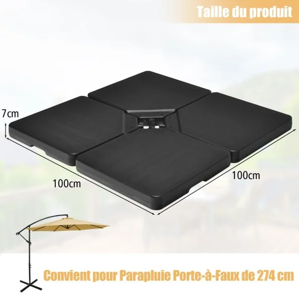 Dalle Parasol Déporté Lot de 4 Lestage Poids Parasol Carré en HDPE à Remplir 13 L d'Eau ou 19,5 Kg de Sable Base pour Parasol avec Poignée 100 x 100 x 7 cm