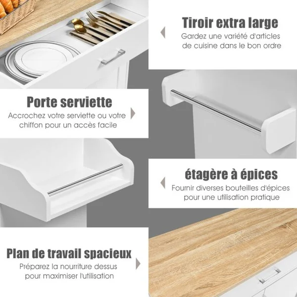 Dessert de Cusine Bîlot de Cuisine à Roulettes avec Grand Placard Tiroir Porte-Epices et Porte-Serviettes Blanc/Gris/Marron/Naturel/Noir