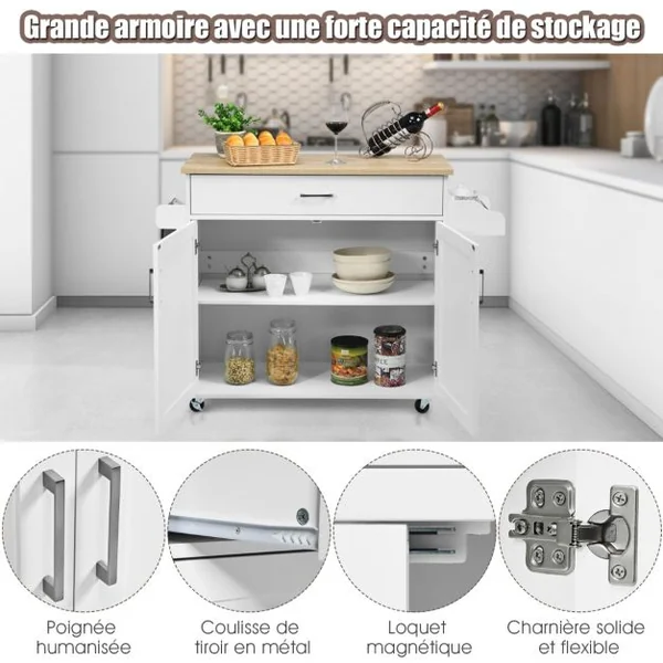 Dessert de Cusine Bîlot de Cuisine à Roulettes avec Grand Placard Tiroir Porte-Epices et Porte-Serviettes Blanc/Gris/Marron/Naturel/Noir