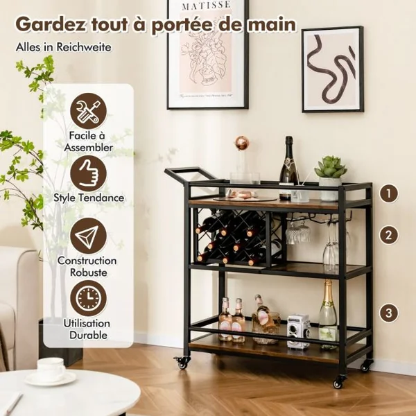 Desserte Chariot de Cuisine Casier à Vin 8 Bouteilles Porte-verres Cadre en Métal Style Industriel Marron