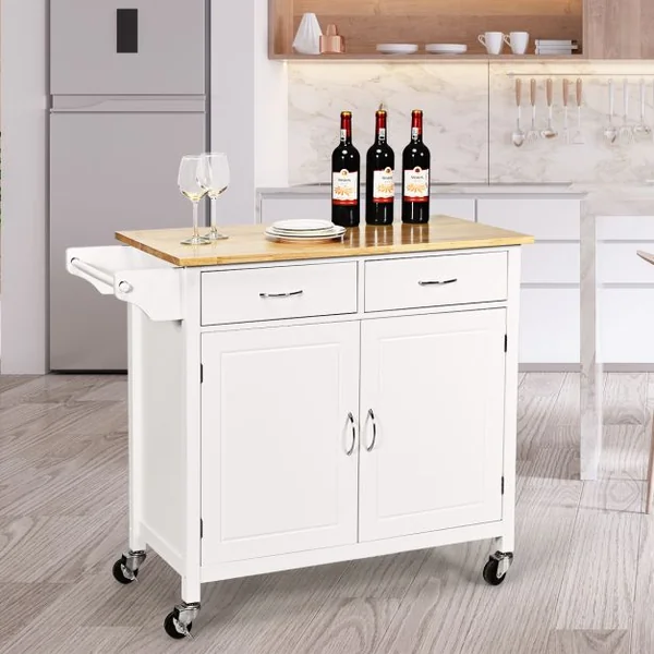 Desserte Cuisine avec 2 Tiroirs et Placard îlot Chariot de Cuisine à Roulettes avec Étagère Réglable/Porte-serviettes Blanc