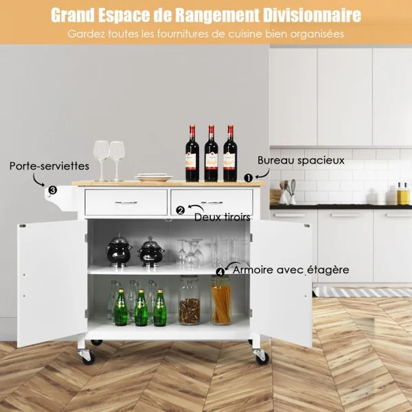 Desserte Cuisine avec 2 Tiroirs et Placard îlot Chariot de Cuisine à Roulettes avec Étagère Réglable/Porte-serviettes Blanc