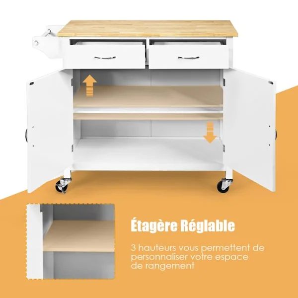 Desserte Cuisine avec 2 Tiroirs et Placard îlot Chariot de Cuisine à Roulettes avec Étagère Réglable/Porte-serviettes Blanc