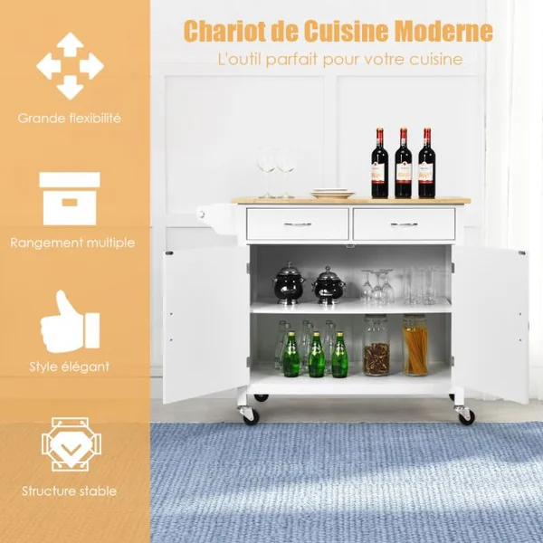 Desserte Cuisine avec 2 Tiroirs et Placard îlot Chariot de Cuisine à Roulettes avec Étagère Réglable/Porte-serviettes Blanc