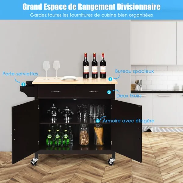 Desserte Cuisine avec 2 Tiroirs et Placard îlot Chariot de Cuisine à Roulettes avec Étagère Réglable/Porte-serviettes Marron