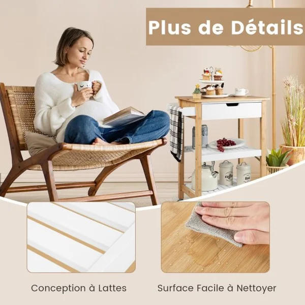 Desserte Cuisine en Bambou avec Tiroir Chariot de Service avec Porte Serviettes 2 Étagères Ouvertes pour Salle à Manger Naturel/Blanc
