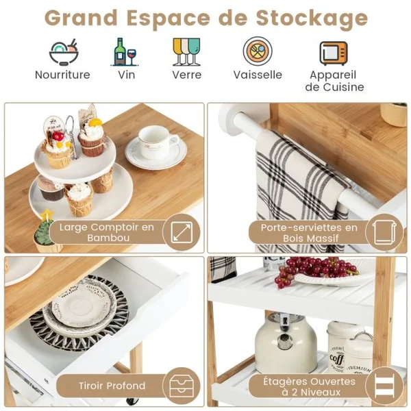 Desserte Cuisine en Bambou avec Tiroir Chariot de Service avec Porte Serviettes 2 Étagères Ouvertes pour Salle à Manger Naturel/Blanc