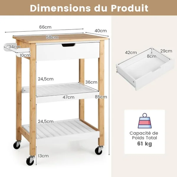 Desserte Cuisine en Bambou avec Tiroir Chariot de Service avec Porte Serviettes 2 Étagères Ouvertes pour Salle à Manger Naturel/Blanc