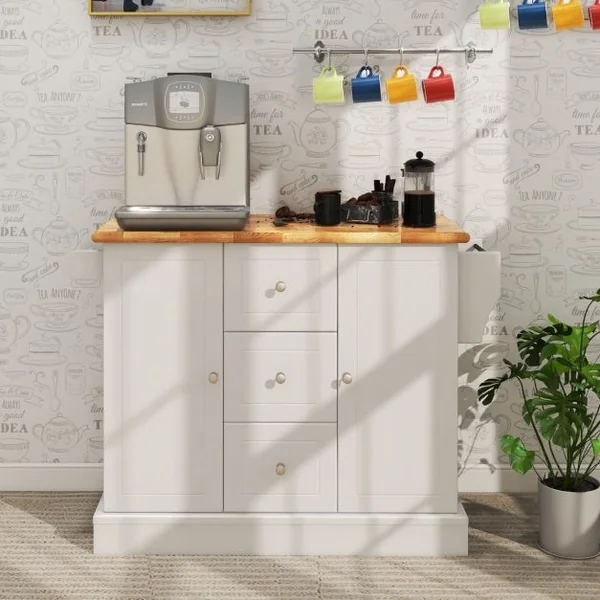 Desserte de Cuisine 5 Roues Cachée 127 x 46 x 91cm 2 Placards 3 Tiroirs Porte-serviettes Porte-épices Noir/Blanc
