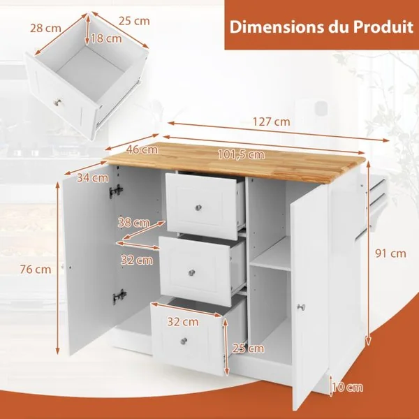 Desserte de Cuisine 5 Roues Cachée 127 x 46 x 91cm 2 Placards 3 Tiroirs Porte-serviettes Porte-épices Noir/Blanc