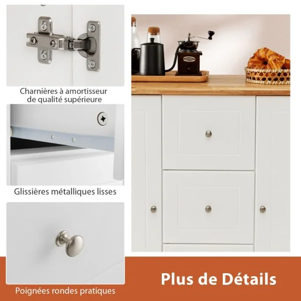 Desserte de Cuisine 5 Roues Cachée 127 x 46 x 91cm 2 Placards 3 Tiroirs Porte-serviettes Porte-épices Noir/Blanc