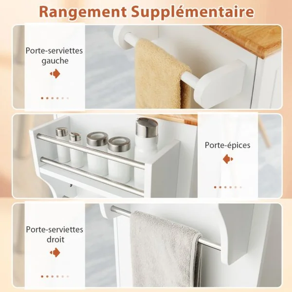 Desserte de Cuisine 5 Roues Cachée 127 x 46 x 91cm 2 Placards 3 Tiroirs Porte-serviettes Porte-épices Noir/Blanc