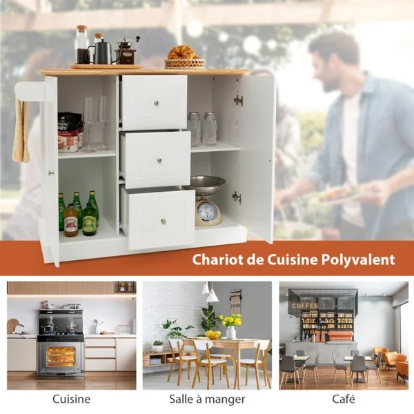 Desserte de Cuisine 5 Roues Cachée 127 x 46 x 91cm 2 Placards 3 Tiroirs Porte-serviettes Porte-épices Noir/Blanc