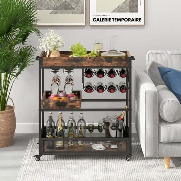 Desserte de Cuisine avec Plateau Amovible Chariot de Bar à roulettes Industriel à 3 Niveaux avec Porte-bouteilles Porte-verres pour Bar Cuisine Brun Rustique