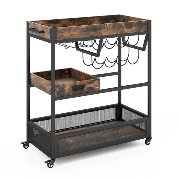 Desserte de Cuisine avec Plateau Amovible Chariot de Bar à roulettes Industriel à 3 Niveaux avec Porte-bouteilles Porte-verres pour Bar Cuisine Brun Rustique