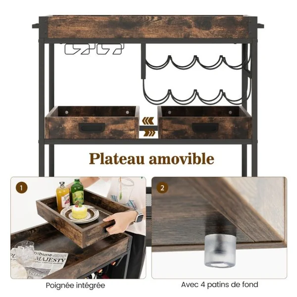 Desserte de Cuisine avec Plateau Amovible Chariot de Bar à roulettes Industriel à 3 Niveaux avec Porte-bouteilles Porte-verres pour Bar Cuisine Brun Rustique