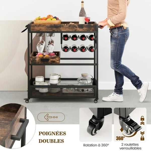 Desserte de Cuisine avec Plateau Amovible Chariot de Bar à roulettes Industriel à 3 Niveaux avec Porte-bouteilles Porte-verres pour Bar Cuisine Brun Rustique