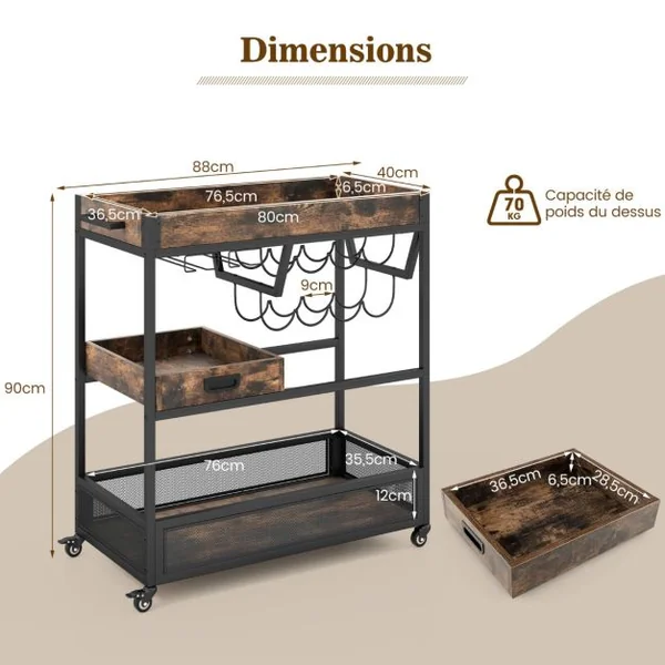 Desserte de Cuisine avec Plateau Amovible Chariot de Bar à roulettes Industriel à 3 Niveaux avec Porte-bouteilles Porte-verres pour Bar Cuisine Brun Rustique