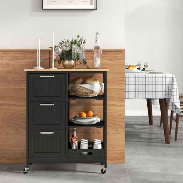 Desserte de Cuisine avec Roulette Universelles 67 x 37 x 82,5 CM et Plateau en Bois Blanc/Noir/Gris