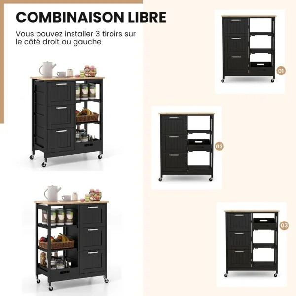 Desserte de Cuisine avec Roulette Universelles 67 x 37 x 82,5 CM et Plateau en Bois Blanc/Noir/Gris