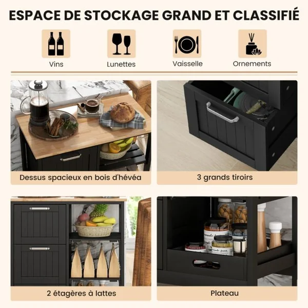 Desserte de Cuisine avec Roulette Universelles 67 x 37 x 82,5 CM et Plateau en Bois Blanc/Noir/Gris