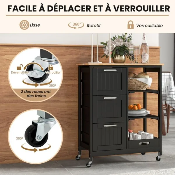 Desserte de Cuisine avec Roulette Universelles 67 x 37 x 82,5 CM et Plateau en Bois Blanc/Noir/Gris
