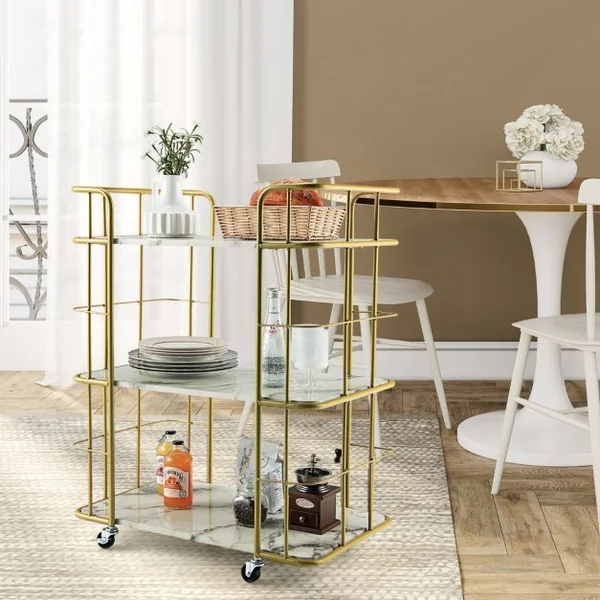 Desserte de Cuisine Imprimée Marbre à 3 Niveaux 66 x 40 x 82 CM Chariot de Service à Roulettes avec Structure en Métal Doré
