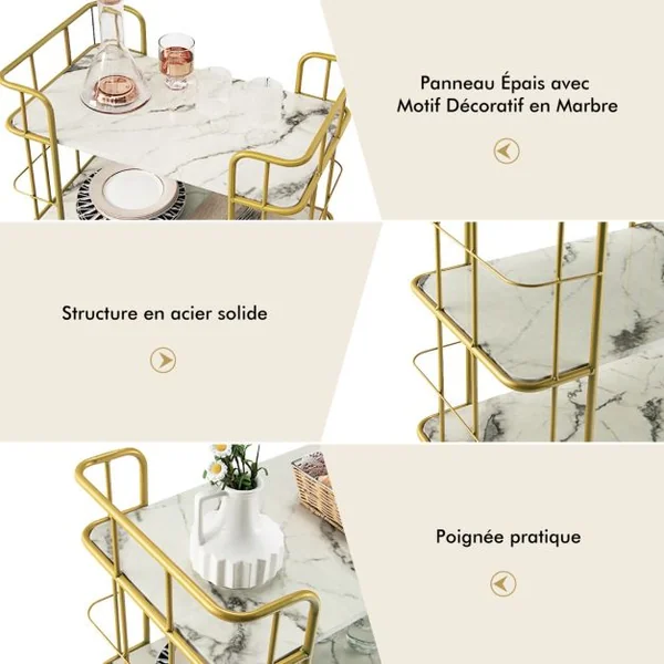 Desserte de Cuisine Imprimée Marbre à 3 Niveaux 66 x 40 x 82 CM Chariot de Service à Roulettes avec Structure en Métal Doré