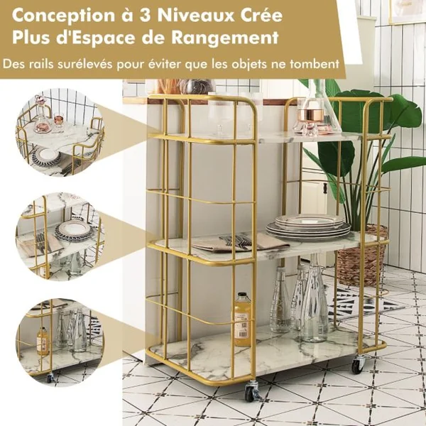 Desserte de Cuisine Imprimée Marbre à 3 Niveaux 66 x 40 x 82 CM Chariot de Service à Roulettes avec Structure en Métal Doré
