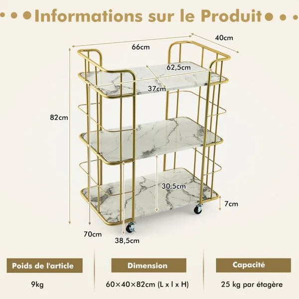 Desserte de Cuisine Imprimée Marbre à 3 Niveaux 66 x 40 x 82 CM Chariot de Service à Roulettes avec Structure en Métal Doré