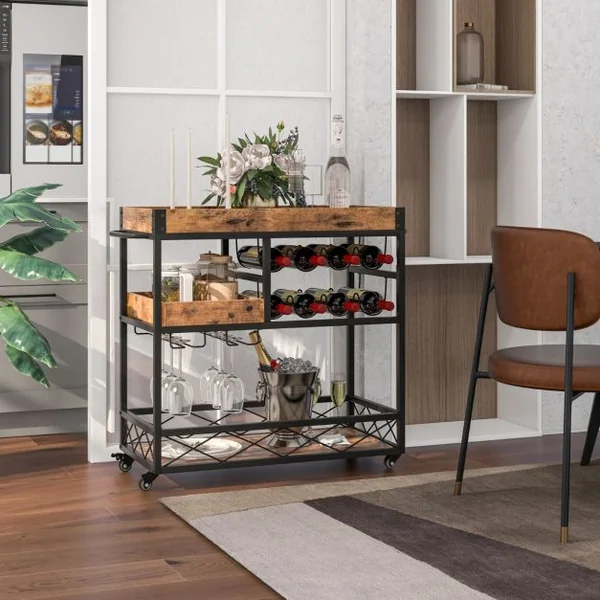 Desserte de Cuisine Industriel 80x40x83 CM Chariot de Service à Roulettes avec Plateau Supérieur Amovible et Casier à Vin