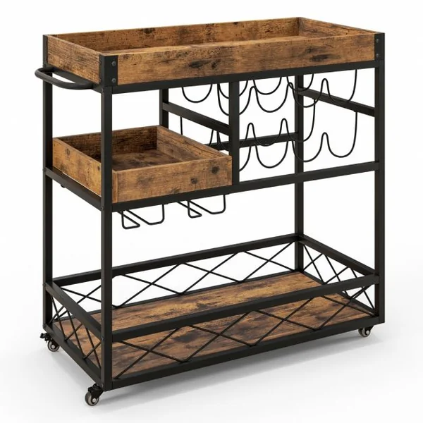 Desserte de Cuisine Industriel 80x40x83 CM Chariot de Service à Roulettes avec Plateau Supérieur Amovible et Casier à Vin